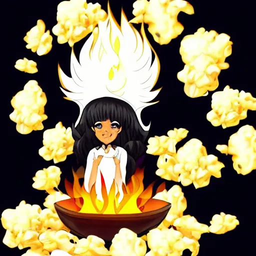 Prompt: black and white anime character of a piece of fluffy popcorn with a smiling face and flames for hair, sitting on a lotus flower, clean composition, symmetrical