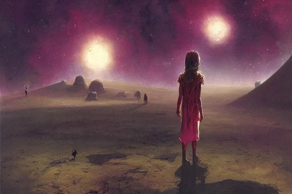 Prompt: atmospheric painting of a giant star garden, a young girl stands in, by moebius and john harris, atmospheric, concept art, saturation 8