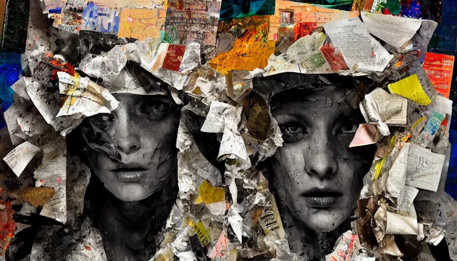 Image similar to rendered in blender slit - scan photography trash bag on his head and crumpled paper as a texture, collage paper and tape, acrylic on canvas, hyperrealism mixed with expressionism, high resolution, cinematic, unreal 6, breathtaking detailed, by blake neubert