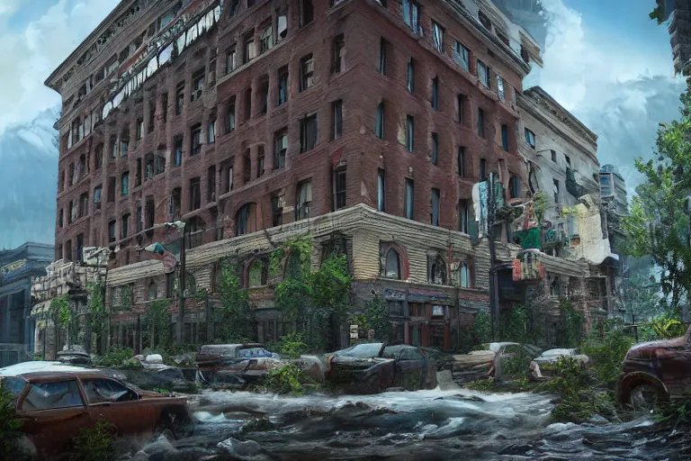 Prompt: realistic digital concept art of palliser hotel, calgary alberta being reclaimed by nature in the last of us, or horizon zero dawn, and tokyo genso style