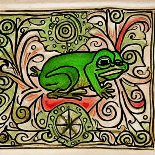 Image similar to pepe the frog medieval illuminated manuscript