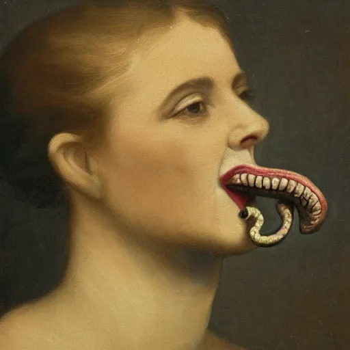 Image similar to a woman with a snake in her mouth