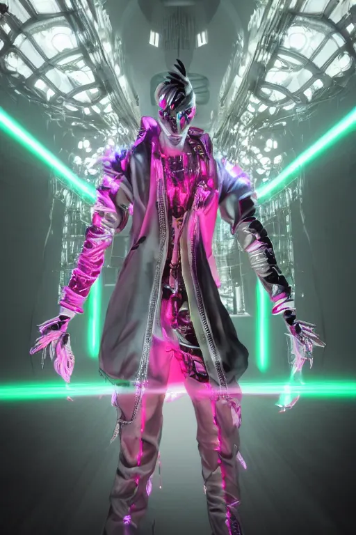 Image similar to full-body rococo and cyberpunk style quartz sculpture of a young handsome seductive japenese android ninja reaching for the sky, glowing pink laser eyes, crown of white gears and diamonds, swirling green-colored silk fabric. futuristic elements. full-length view. intricate artwork by caravaggio. Trending on artstation, octane render, cinematic lighting from the right, hyper realism, octane render, 8k, depth of field, 3D