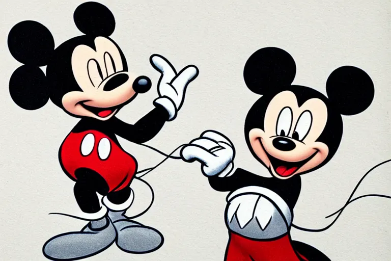 Image similar to courtroom sketch of vintage disney character mickey mouse presenting evidence of copyright infringement before the judge serious dark tone