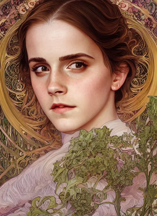 Image similar to Emma Watson as Godness of Love, cute, fantasy, intricate, elegant, highly detailed, digital painting, 4k, HDR, concept art, smooth, sharp focus, illustration, art by alphonse mucha,artgerm, H R Giger, beautiful detailed intricate insanely detailed octane render, 8K artistic photography, photorealistic,