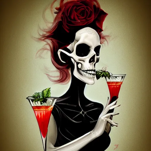 Prompt: Female death holding a cocktail, kodachrome, high contrast, highly detailed, sharp focus, digital painting, concept art, illustration, trending on artstation, cocktail shaped like skull