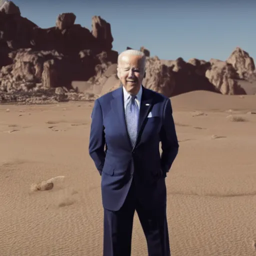 Image similar to professional portrait of Joe Biden wearing fallout power armor in a desert, 8k, cinematic,