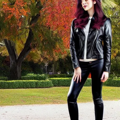 Prompt: woman with black hair and a leather jacket in a beautiful park, art by artgerm