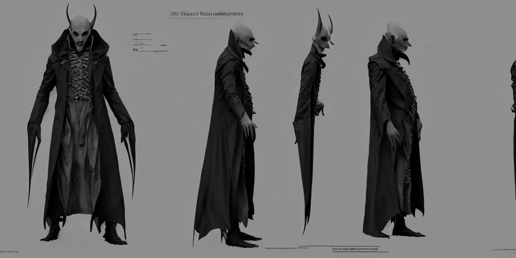 Image similar to nosferatu, character sheet, concept design, contrast, hot toys, kim jung gi, greg rutkowski, zabrocki, karlkka, jayison devadas, trending on artstation, 8 k, ultra wide angle, pincushion lens effect