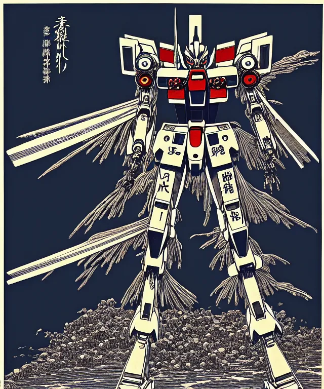 Prompt: symmetrical image of a gundam mecha robot, extremely high details, masterpiece engraving by takato yamamoto, gustave dore, jean giraud