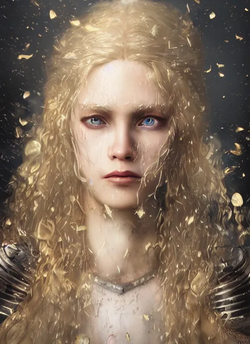 Image similar to An epic fantastic realism comic book style portrait painting of a female medieval warrior, princess, knights long fluffy light golden blond curls of hair, porcelain pale skin, flowers rain everywhere, Concept world Art, unreal 5, DAZ, hyperrealistic, octane render, cosplay, RPG portrait, dynamic lighting