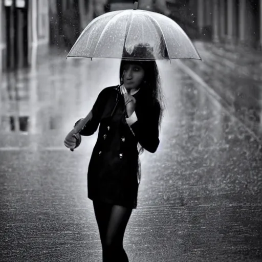 Image similar to heavy rain and a girl with an umbrella in black and withe