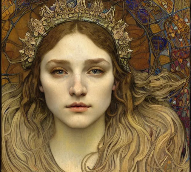 Image similar to detailed realistic beautiful young medieval queen face portrait by jean delville, alphonse mucha, vincent van gogh, and marco mazzoni, art nouveau, symbolist, visionary, gothic, pre - raphaelite