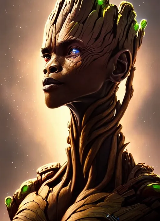 Image similar to portrait of apex legends groot, intricate, elegant, glowing lights, highly detailed, digital painting, artstation, glamor pose, concept art, smooth, sharp focus, illustration, art by artgerm and greg rutkowski, artey freytag