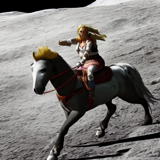 Image similar to zelda riding a horse on moon, detailed realistic face, hyper realistic, 4 k octan render, unreal 5