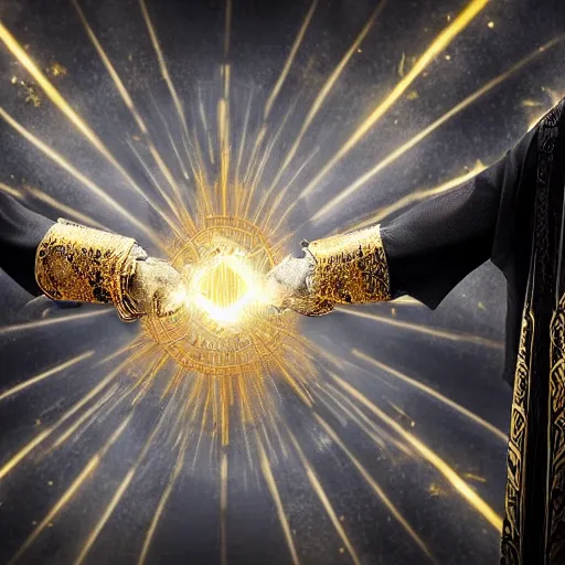 Prompt: an ancient mage, with dark sik and magic fire sparks coming out of his hands, grey black hair, dressed in a very long, black and gold coloured cloak with intricate golden geometric shapes, very real, ultra realistic, photorealistic, 8k, ultra detailed