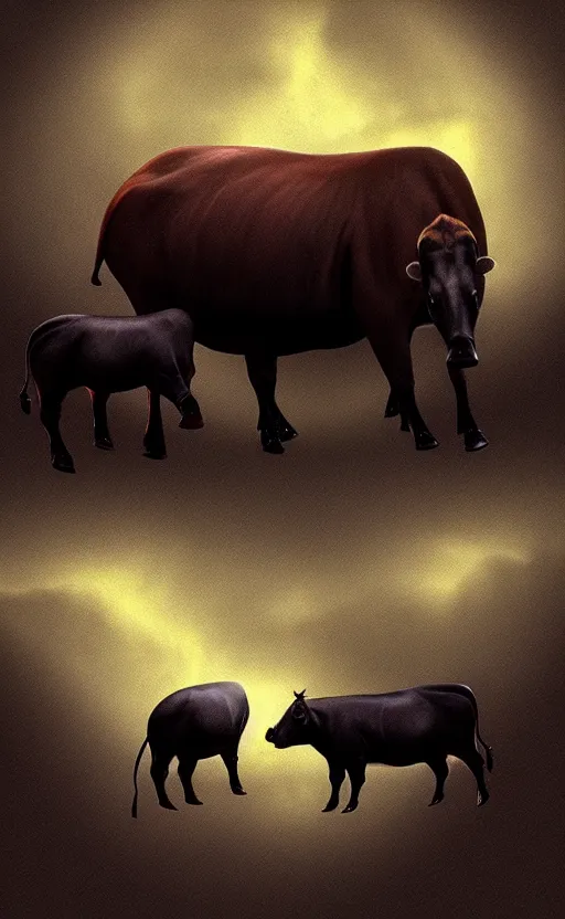 Image similar to tapirs and cows, glitch art, interstellar, beautifully lit, by gerald brom, artstation, unreal engine