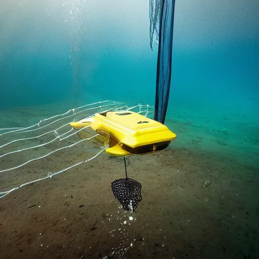 Prompt: underwater drone stuck in a net