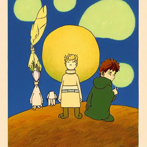 Image similar to illustration to The little prince by antoine de saint-exupéry , in the style of studio ghibli