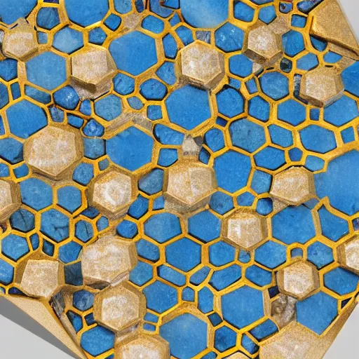 Image similar to an abstract intricately carved marble set with gold flourishes and diamonds of various colors in the form of hexagons against a blue ornate background