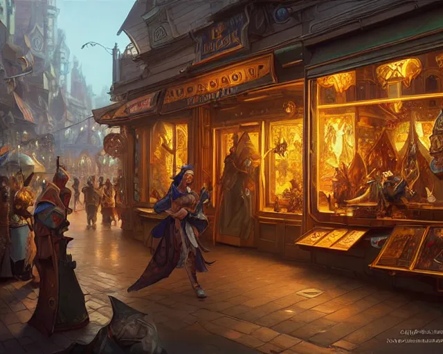 Prompt: shop front, window, magic items, busy street, deep focus, d & d, fantasy, intricate, elegant, highly detailed, digital painting, artstation, concept art, matte, sharp focus, illustration, hearthstone, art by artgerm and greg rutkowski and alphonse mucha