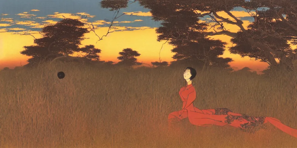 Image similar to anime woman in the savannah at golden hour by kitano tsunetomi, 1 9 3 9