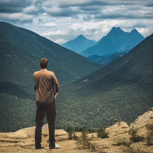 Prompt: a man looking at a distant mountain