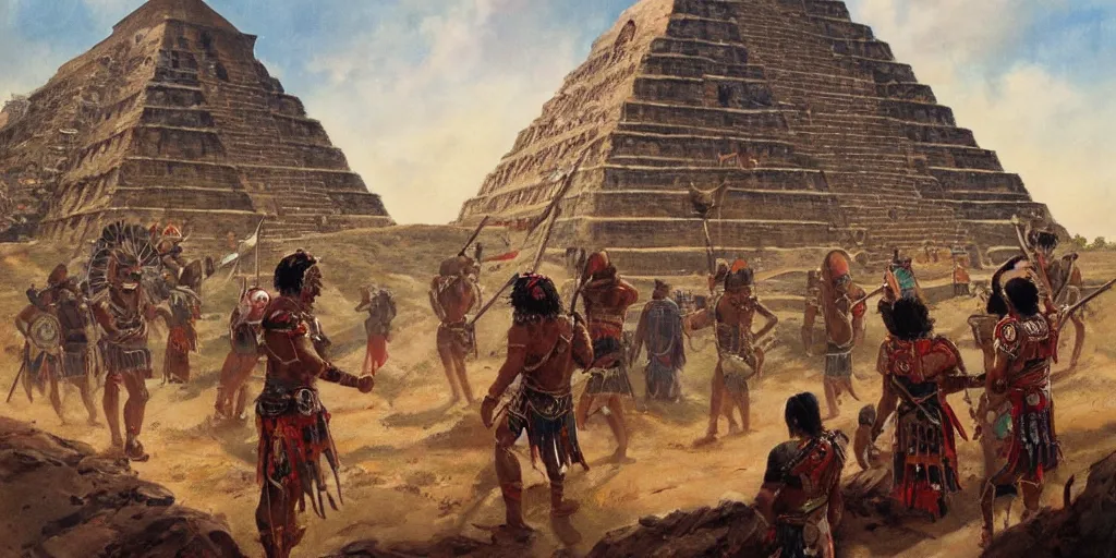 Image similar to simonetti rutkowski painting aztec warriors watching spaceship arriving to mesoamerican pyramid