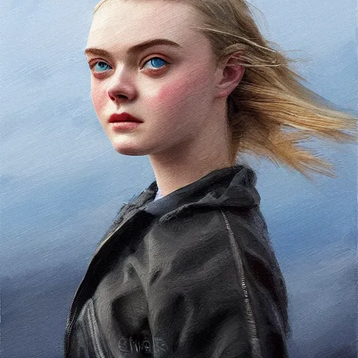 Image similar to professional painting of Elle Fanning in Santorini in the style of Craig Mullins, head and shoulders portrait, symmetrical facial features, smooth, sharp focus, illustration, intricate, stormy weather, extremely detailed masterpiece,