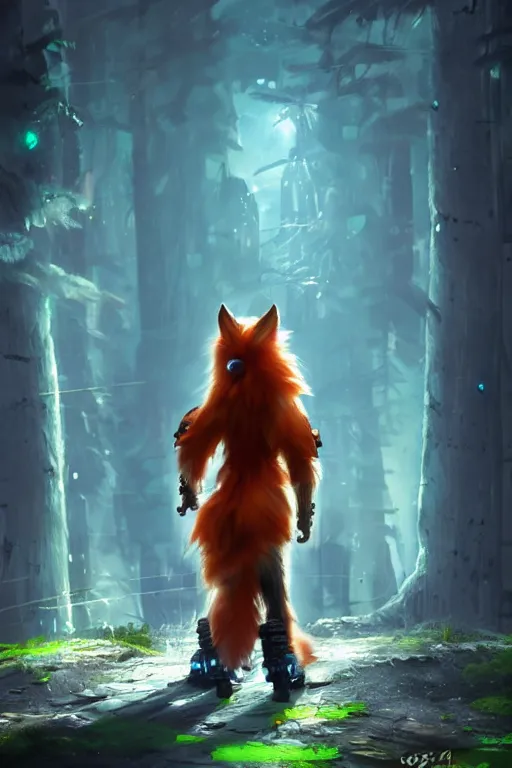 Prompt: a cyberpunk anthropomorphic fox with a fluffy tail in a forest, backlighting, cgi, rendered in unreal engine, trending on artstation, cartoon