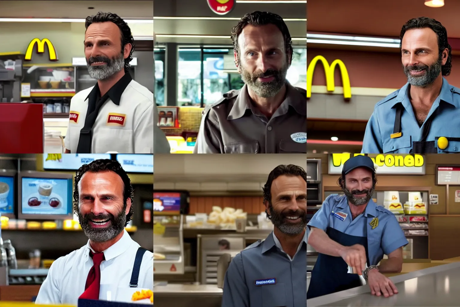 Prompt: still of rick grimes behind the counter, working at mcdonalds, wearing a mcdonalds uniform, smiling expression, 4 k, ultra realistic