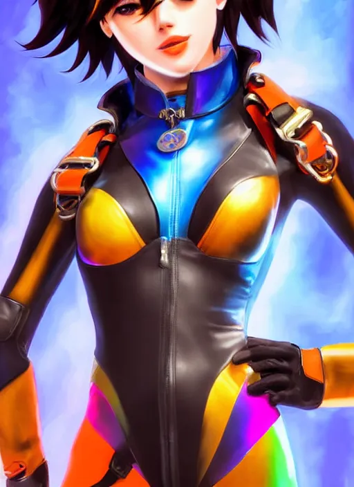 Prompt: portrait bust digital artwork of tracer overwatch, wearing iridescent rainbow latex and leather straps catsuit outfit, in style of mark arian, angel wings, dramatic painting, wearing detailed leather collar, chains, black leather harness, detailed face and eyes,
