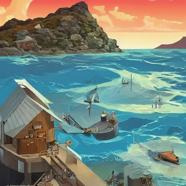 Image similar to a remote island research station in the middle of the ocean, rhads!!!, ominous, digital science fiction realism, archipelago!!, urban fantasy, saturday morning cartoon, clean linework, ( alexander archipenko ), western animation