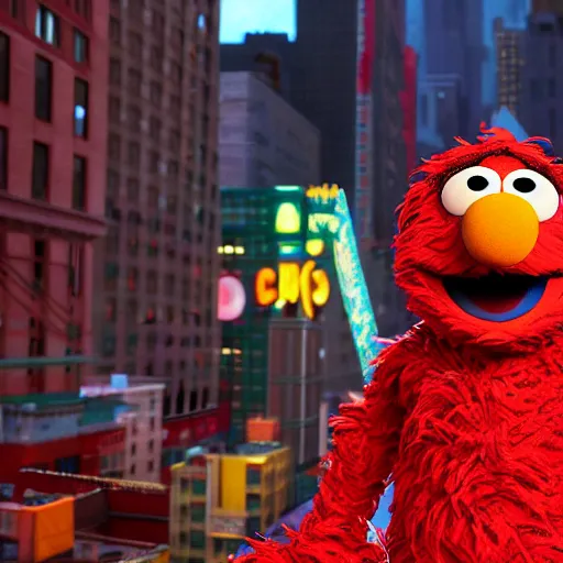 Image similar to Cinema4d 3d octane render of giant Elmo from sesame street being depicted as a 90’s rapper in New York City, highly detailed, 4K, moody lighting