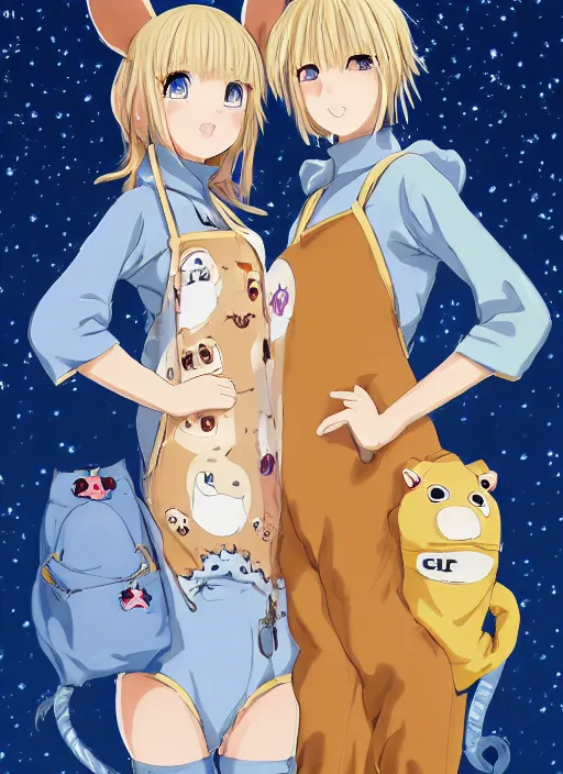 Prompt: highly detailed portrait of one blonde haired blue eyed and one brown haired brown eyed anime girl in animal themed onesies pressed against each other looking at us, happy, excited, digital art, cute, anime, detailed faces, well drawn faces, cute faces, hand drawn, 8 k, trending on artstation, detailed eyes, official media, by hayao miyazaki