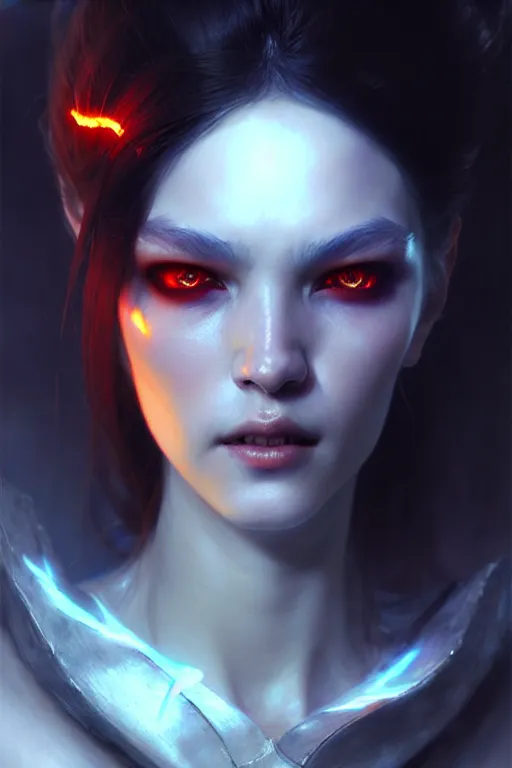 Prompt: beautiful vampire, wonderful eyes, three - dimensional rendering, hyperrealistic detailed portrait holding light and electricity, ruan jia, clap. scifi, fantasy, magic the gathering, over - detailed, octane rendering, concept art by artgerm, peter murbacher, detailed and complex environment