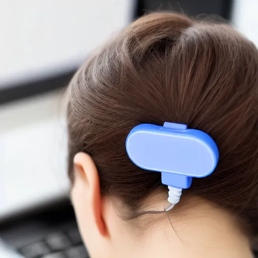 Image similar to usb cable plugged in, back of head, woman, computer