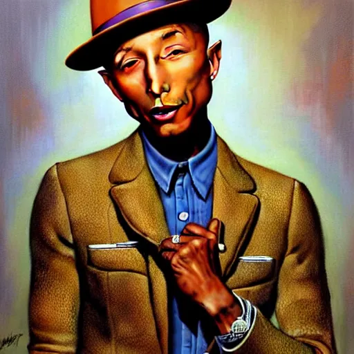 Image similar to pharrell williams by gil elvgren and norman rockwell and rob gonsalves and hajime sorayama, hyperrealistic, high detail, ultra detailed, highly detailed face, ruffled fabric