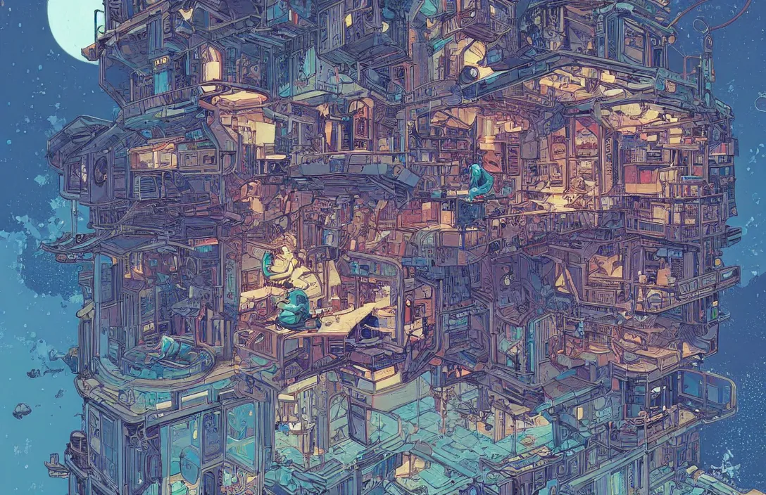 Image similar to Stunningly intricate illustration of a cyberpunk explorer playing video games in his treehouse, highly detailed, midnight, by Victo Ngai and James Gilleard , Moebius, Laurie Greasley