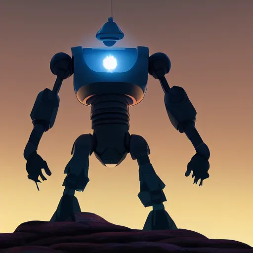 Prompt: Iron giant staying in a giant mountain during foggy weather and a planet in the sky, award winning, trending on artstation, unreal engine