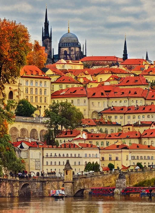 Image similar to painting of beautiful shot of Royal medieval European city like Prague mixed with Istanbul like Islamic architecture with greenery all around , autumn colors