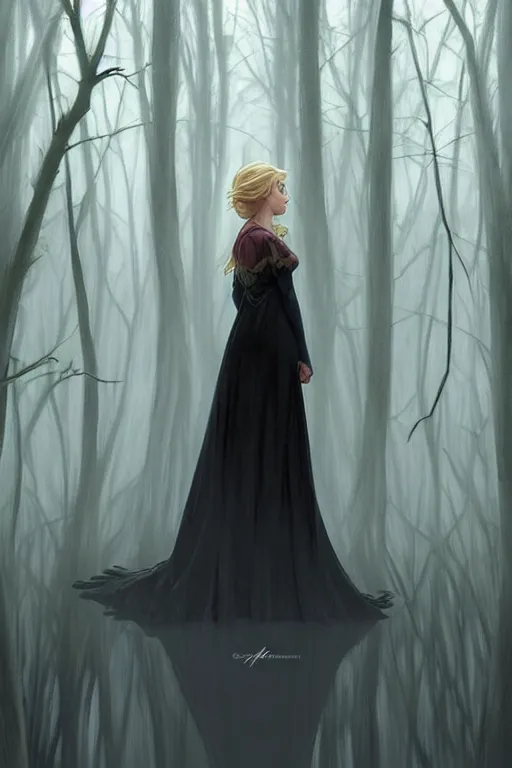 Image similar to elsa walking in a forest, winter, somber, sad, black dress, low light, foggy at dawn, sunlight visible through tree leaves, misty, magic, atmospheric art by artgerm and greg rutkowski and alphonse mucha and by artgerm, by studio muti, greg rutkowski makoto shinkai takashi takeuchi,