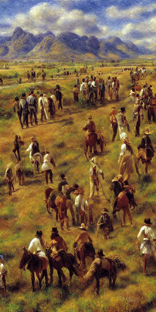 Image similar to oil painting of mormon pioneers crossing the plains, painting by renoir and yong sung kim, masterpiece, stylized