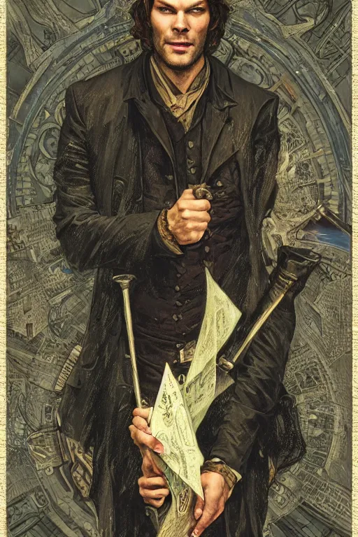 Image similar to a detailed tarot card of jared padalecki in a supernatural sherlock holmes story, 1 8 th century london in the rain, city streets, ominous, masterpiece, 8 k, art by alphonse mucha and greg rutkowski