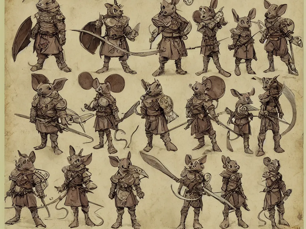 Image similar to character design sheet for a heroic mouse knight with sword and shield on a parchment background, redwall, greg rutowski and jean baptiste monge, very very detailed, epic fantasy concept art