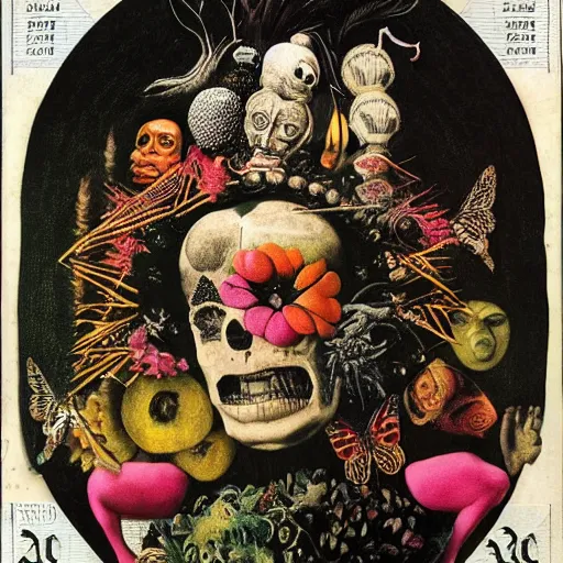 Image similar to post - punk new age album cover, asymmetrical design, dollars, bank notes, magic, apocalypse, psychedelic, black white pink, magic, giger h. r., giuseppe arcimboldo