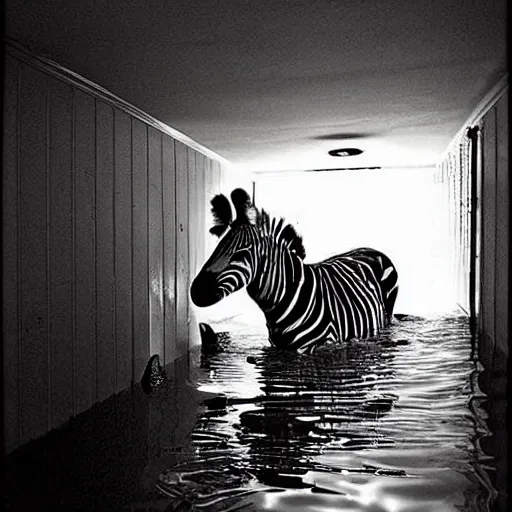 Prompt: a creepy zebra at the end of a flooded basement hallway. craiglist photo.