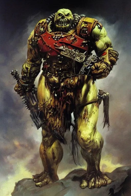 Prompt: a gruesome portrait of an Ork from Warhammer 40k, scifi art by Frank Frazetta and Boris Vallejo, highly detailed, trending on artstationhq