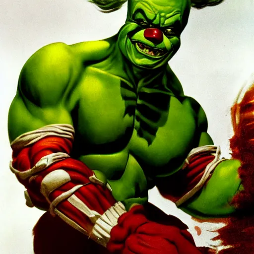 Prompt: frank frazetta the hulk as pennywise, whole body shot, 8 k, realistic, photo real, smooth, sharp, intricate detail, hyper detail, dramatic lighting, dramatic shading