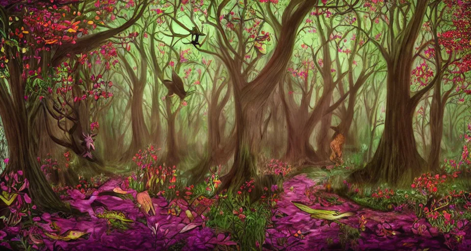 Prompt: Enchanted and magic forest, by schizophrenia patient